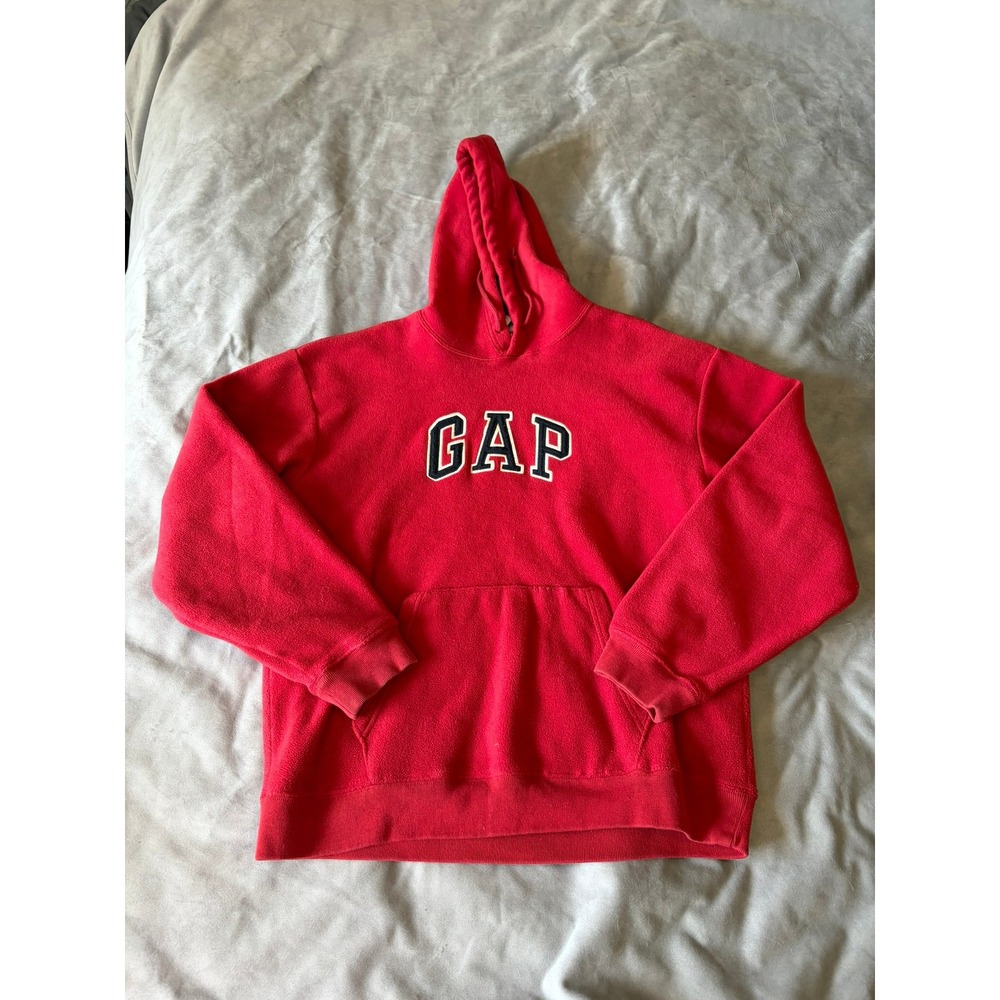 GAP Fleece Hoodie Red Arch Logo Pullover Sweatshirt Mens Large